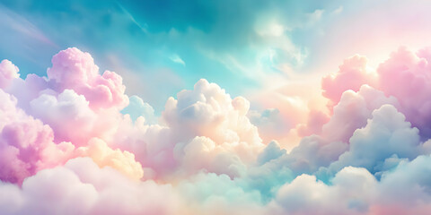 Sticker - Dreamy Pastel Cloudscape: A breathtaking panorama of fluffy clouds bathed in soft pastel hues, evoking a sense of ethereal beauty and tranquility.  