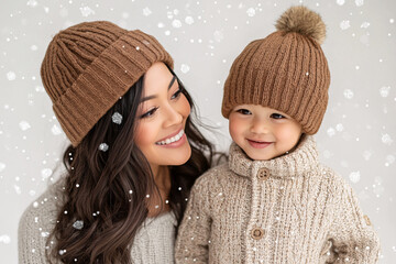 Wall Mural - Mixed racial young mother and cute daughter smiling and interacting in front of a plain background, dressed in simple  clothes, captured in a family photo portrait shoot showcasing their joyful bond