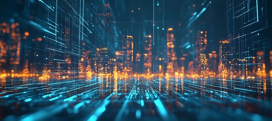 Poster - A holographic city skyline at night, with glowing lights and 3D projections