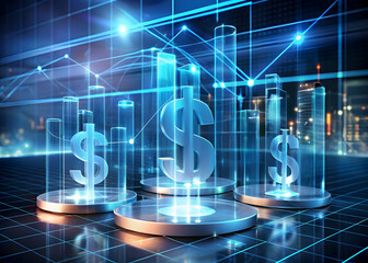 Poster - Financial Growth & Innovation: A futuristic illustration of dollar signs rising on glowing platforms amidst a dynamic network of data and cityscape.