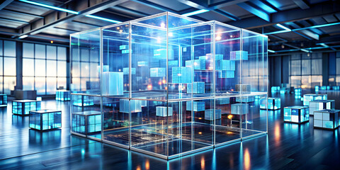 Poster - Data Cube in a Modern Warehouse: Futuristic digital architecture concept. A large, transparent cube filled with glowing blue data blocks sits in a spacious, modern warehouse.