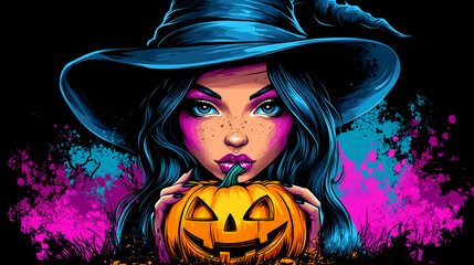 Wall Mural - A woman in a witch hat holding a pumpkin. The pumpkin is orange and has a smiley face on it