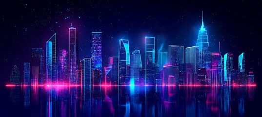 Poster - A holographic city skyline at night, with glowing lights and 3D projections