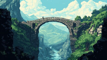 Wall Mural - A solitary figure stands on a stone bridge, overlooking a scenic valley.