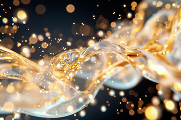 Poster - This artistic display features a golden liquid gracefully swirling, accompanied by shimmering droplets and a dark backdrop. The composition evokes a sense of fluid motion and elegance