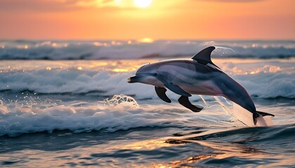 Dolphins Joyfully Leaping Over Serene Sunset Waves