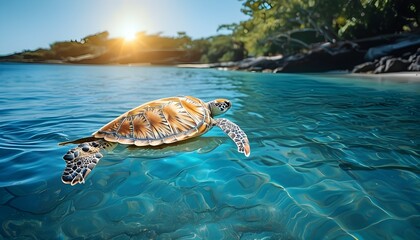 Wall Mural - Graceful sea turtle swimming in bright sunlit blue ocean waters