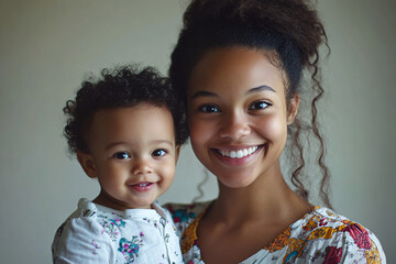 Wall Mural - Mixed racial young mother and cute daughter smiling and interacting in front of a plain background, dressed in simple  clothes, captured in a family photo portrait shoot showcasing their joyful bond