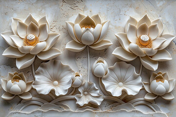 Wall Mural - Volumetric floral molding on a concrete wall with elements created with generative AI technology