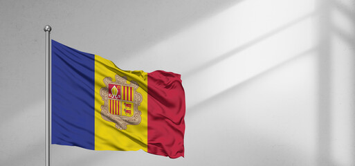 Wall Mural - Andorra national flag cloth fabric waving on beautiful window light grey Background.