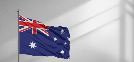 Wall Mural - Australia national flag cloth fabric waving on beautiful window light grey Background.