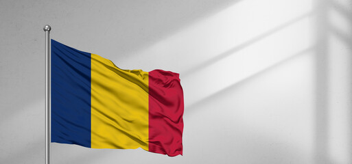 Wall Mural - Chad national flag cloth fabric waving on beautiful window light grey Background.