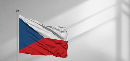 Wall Mural - Czech Republic national flag cloth fabric waving on beautiful window light grey Background.