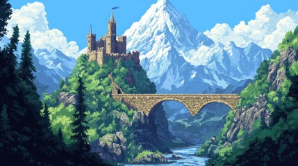 Wall Mural - A Stone Bridge Leading to a Castle on a Mountainside