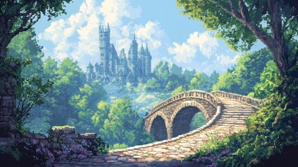 Wall Mural - Stone Bridge Leading to a Medieval Castle in a Lush Forest