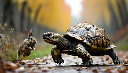 Wall Mural - Determined Tortoise Competes with Rabbits Employing Unique Strategies for Victory in Exciting Race