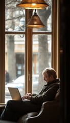 Poster - Senior businessman working on laptop in cafe, enjoying comfortable remote work environment.