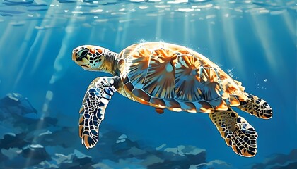 Wall Mural - Graceful sea turtle swimming in bright sunlit blue ocean waters