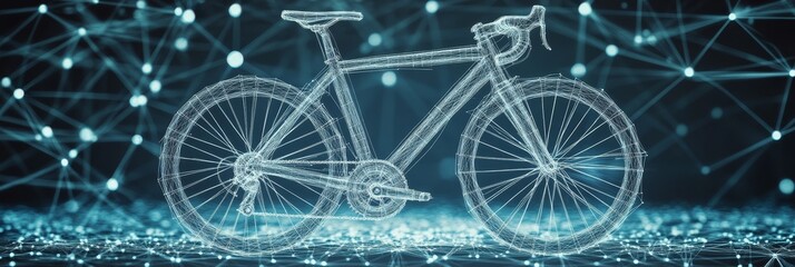 Abstract Line Network Structure Of A Bicycle Frame On Dark Blue Background, 3d Rendering.