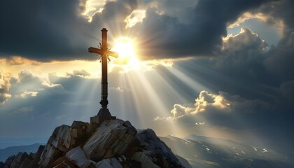 Dramatic Holy Cross on Golgotha Hill Illuminated by Sunrays Breaking Through Dark Clouds