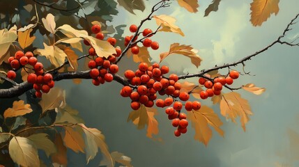 Poster - Autumn branches adorned with vibrant red berries and golden leaves against a softly blurred background