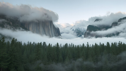 Wall Mural - Misty Forest with Mountains and Clouds at Dawn