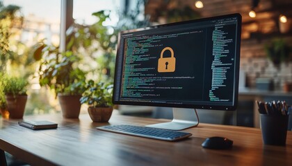 Poster - Secure Coding Development Environment with Padlock Symbol on Screen, Highlighting Cybersecurity