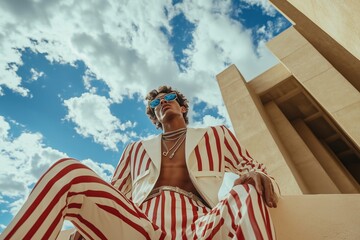 Wall Mural - A man in a striped suit and sunglasses is sitting on a ledge