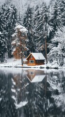 Poster - A small cabin is surrounded by trees and a lake