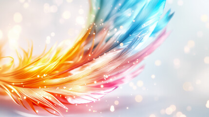 Poster - This captivating design features a blend of orange, blue, and pink feather-like elements that create a vibrant atmosphere. Soft bokeh effects enhance its beauty, making it ideal for wallpapers