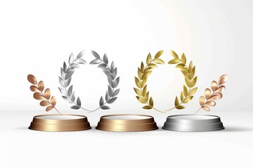 Three elegant awards display on a clean podium. The gold, silver, and bronze medals symbolize victory and achievement. Perfect for celebrating success and inspiration. Generative AI