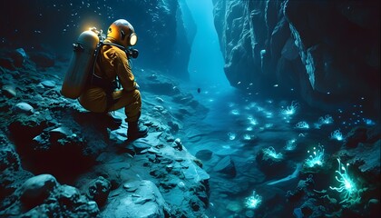 Wall Mural - Bioluminescent Wonders of the Ocean Abyss Explored by Submersible Deep Sea Explorer