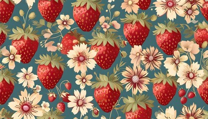 Boho-Inspired Seamless Pattern of Strawberries and Flowers for Whimsical Nursery Decor