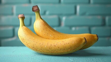 Two ripe yellow bananas on a teal wooden table against a turquoise brick wall.