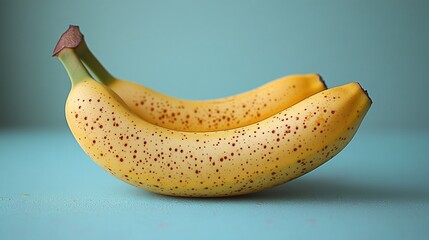 Two ripe yellow bananas with brown spots on a teal background.