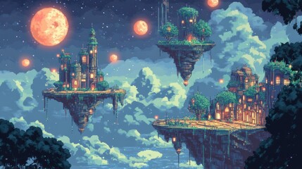 Wall Mural - Floating Cities Under a Night Sky with Two Moons