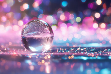 Poster - A clear orb sits gracefully on a shiny surface, reflecting the enchanting glow of multicolored lights all around. The atmosphere feels festive and magical