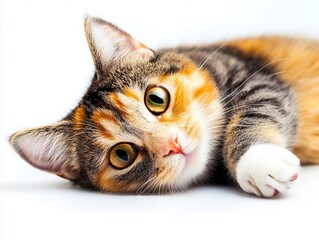 a calico cat laying down on a white surface