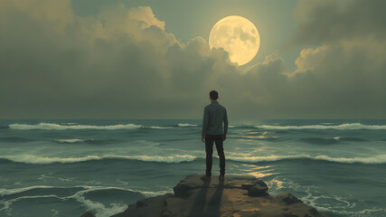 Wall Mural - Solitary Figure Facing Moonlit Ocean