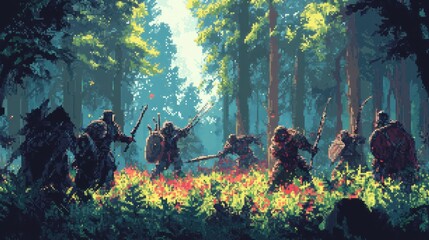 Wall Mural - Warriors clashing in a pixelated forest