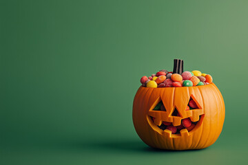 Wall Mural - A Halloween pumpkin head filled with candies on a green background, with copy space.Minimal creative  holiday food concept.Copy space,flat lay