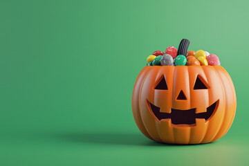 Wall Mural - A Halloween pumpkin head filled with candies on a green background, with copy space.Minimal creative  holiday food concept.Copy space,flat lay