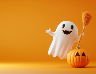 Wall Mural - 3D render of a cute ghost with a broom and a pumpkin on an orange background.Minimal creative Halloween holiday concept.Copy space,flat lay 