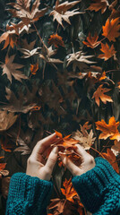 Poster - A person is holding a leaf in their hand, surrounded by a pile of autumn leaves