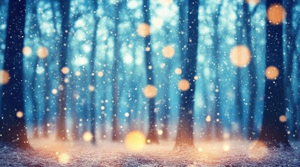 Wall Mural - Soft golden lights illuminate a winter forest while gentle snowfall creates a serene atmosphere among the trees at dusk