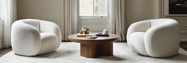 Minimalist living room with two fluffy armchairs and wooden coffee table on white rug