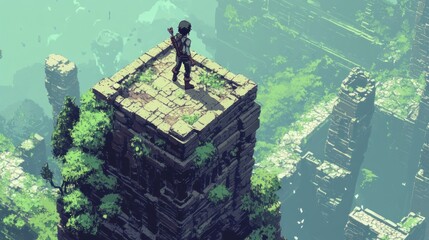 Wall Mural - A lone figure standing on a stone platform overlooking a vast, overgrown, and partially-ruined city.