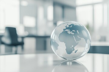 A clear globe sits on a table in front of a window