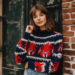 Young woman wearing a cozy warm sweater with lobster print