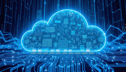 Glowing cloud computing interface. Modern digital technology network system, global data communication concept. cyber infrastructure, virtual server connection. information security in cyberspace.